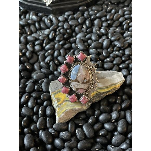 Unbranded Jewelry - Sterling Silver Pink Rhodonite Multistone Stars & Moons Adjustable Ring~Stamped